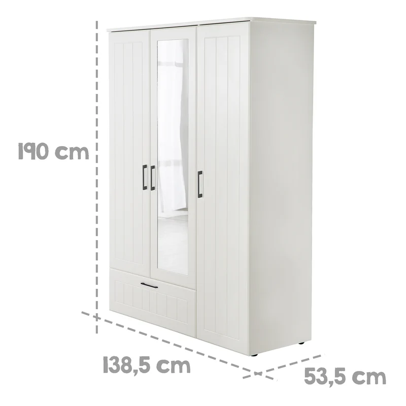 Jugendzimmerset Sylt 5-tlg - Tagesbett / Schreibtisch / 3-türigen Kleiderschrank mit Spiegeltür / Kommode mit 3 Schubladen / Nachttisch - in Weiß