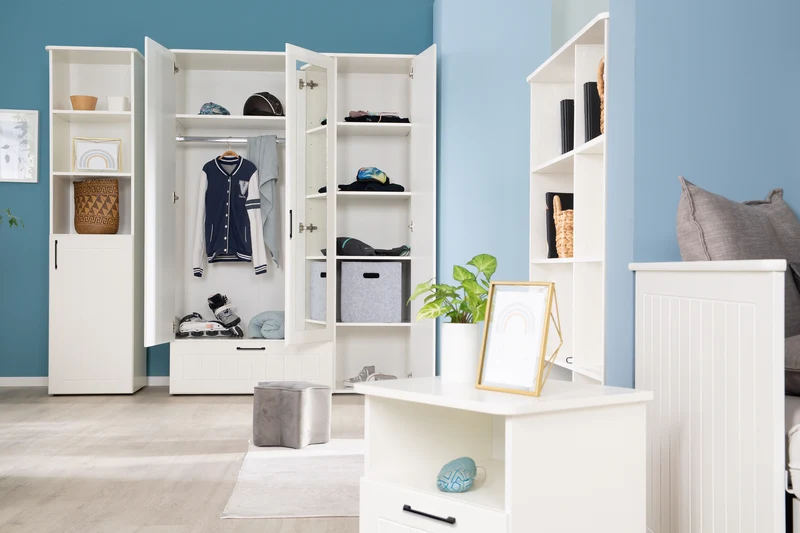 Jugendzimmerset Sylt 5-tlg - Tagesbett / Schreibtisch / 3-türigen Kleiderschrank mit Spiegeltür / Kommode mit 3 Schubladen / Nachttisch - in Weiß