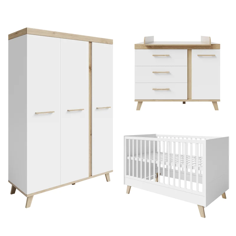 Komplett-Kinderzimmer "Smile" - bestehend aus Kombi-Kinderbett 70 x 140 cm, Wickelkommode & 3-türigem Kleiderschrank, Artisan Eiche/Weiß
