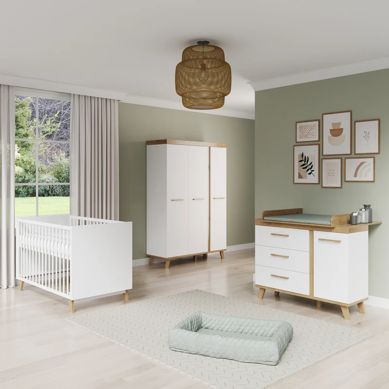 Komplett-Kinderzimmer "Smile" - bestehend aus Kombi-Kinderbett 70 x 140 cm, Wickelkommode & 3-türigem Kleiderschrank, Artisan Eiche/Weiß
