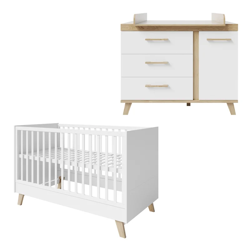 Kindermöbelset "Smile" - bestehend aus Kombi-Kinderbett 70 x 140 cm & Wickelkommode, Artisan Eiche/Weiß