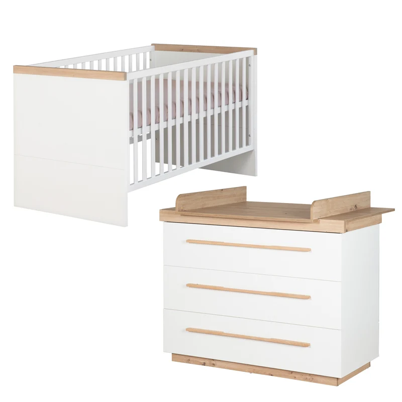 Möbelset 'Lumo' 2-teilig - Kombi-Kinderbett 70x140 + Wickelkommode - Weiß / Artisan Eiche
