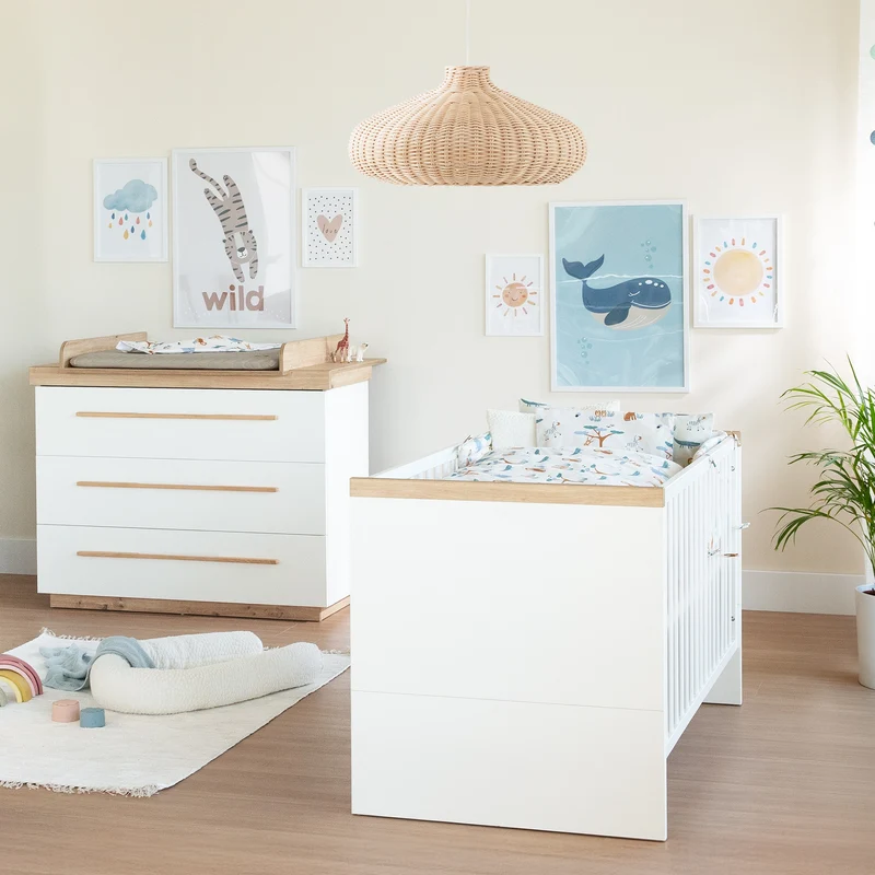 Möbelset 'Lumo' 2-teilig - Kombi-Kinderbett 70x140 + Wickelkommode - Weiß / Artisan Eiche