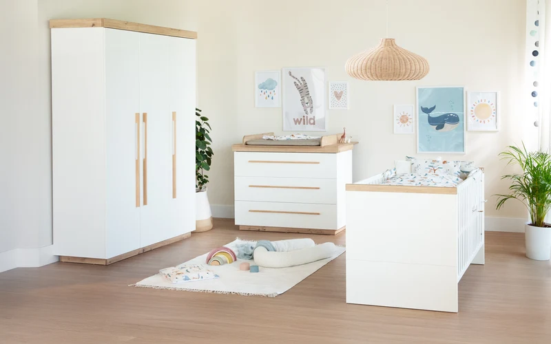 Kinderzimmer Set 'Lumo' 3-teilig - Kombi-Bett + Wickelkommode + Kleiderschrank - Weiß / Artisan Eiche