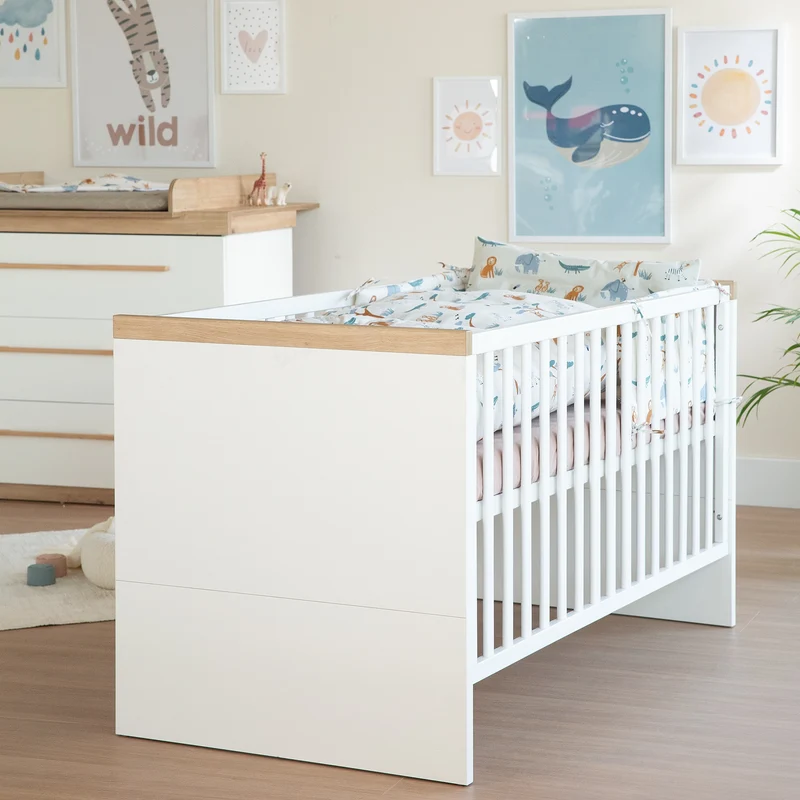 Kinderzimmer Set 'Lumo' 3-teilig - Kombi-Bett + Wickelkommode + Kleiderschrank - Weiß / Artisan Eiche