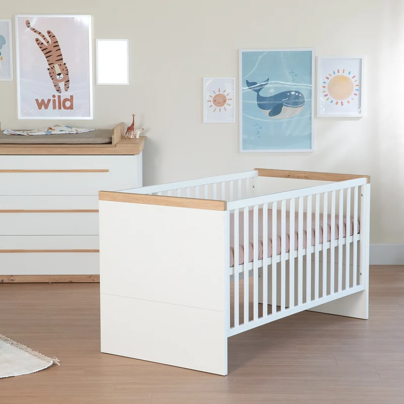 Kinderzimmer Set 'Lumo' 3-teilig - Kombi-Bett + Wickelkommode + Kleiderschrank - Weiß / Artisan Eiche