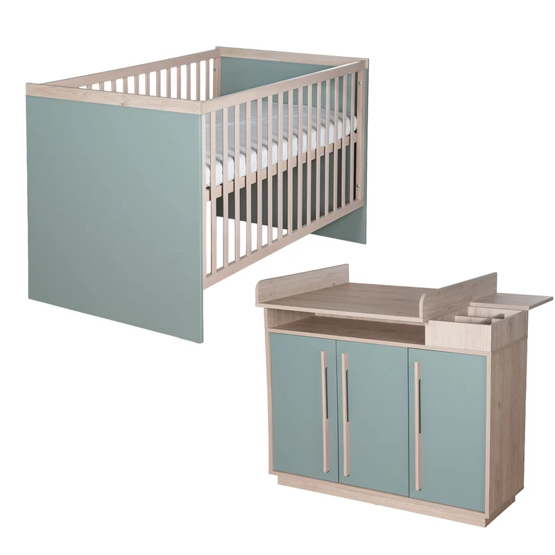 Möbelset 2-teilig 'Selva' - Babybett 70x140 + Wickelkommode - Reed Green / Virginia Chestnut