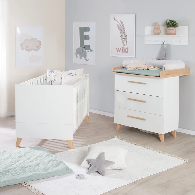 Möbelset 'Leon' 2-teilig - Kombi-Bett 70x140 cm & Wickelkommode - Weiß / Othello Eiche