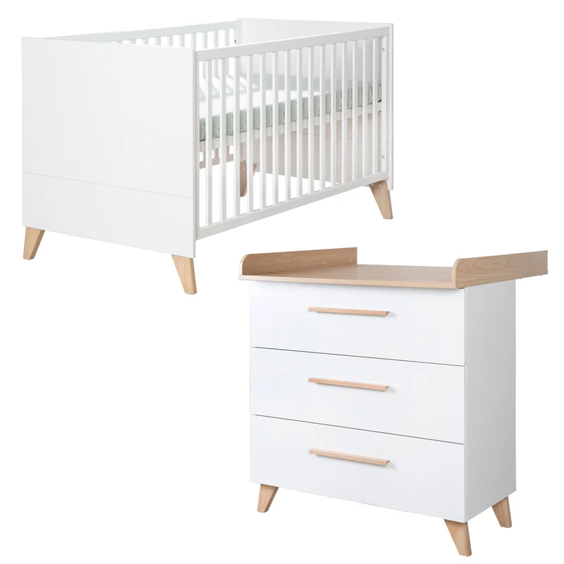 Möbelset 'Leon' 2-teilig - Kombi-Bett 70x140 cm & Wickelkommode - Weiß / Othello Eiche