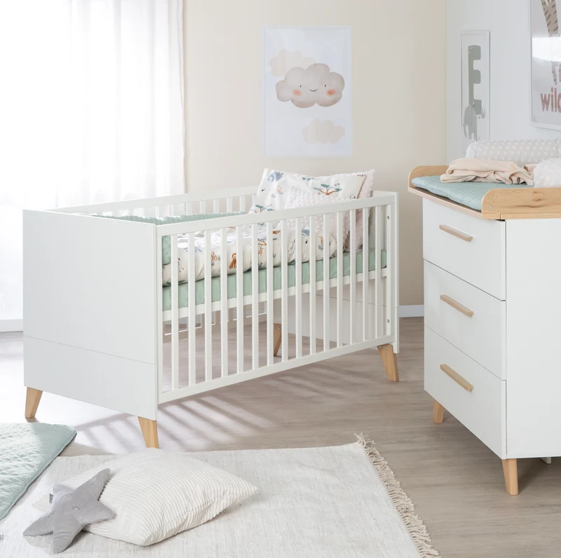 Möbelset 'Leon' 2-teilig - Kombi-Bett 70x140 cm & Wickelkommode - Weiß / Othello Eiche