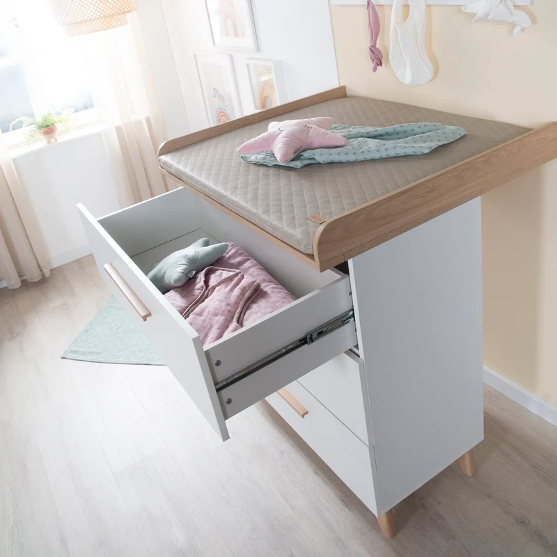 Möbelset 'Leon' 2-teilig - Kombi-Bett 70x140 cm & Wickelkommode - Weiß / Othello Eiche