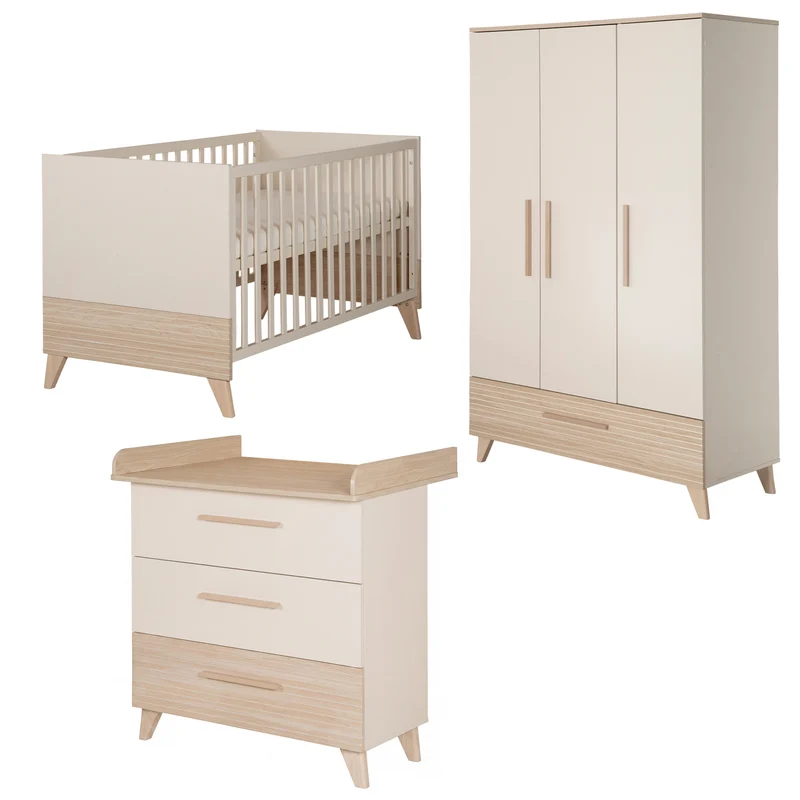 Babymöbel Set 'Sidney' 3-teilig - Massivholzfüße &-griffe - Cashmere / Eiche