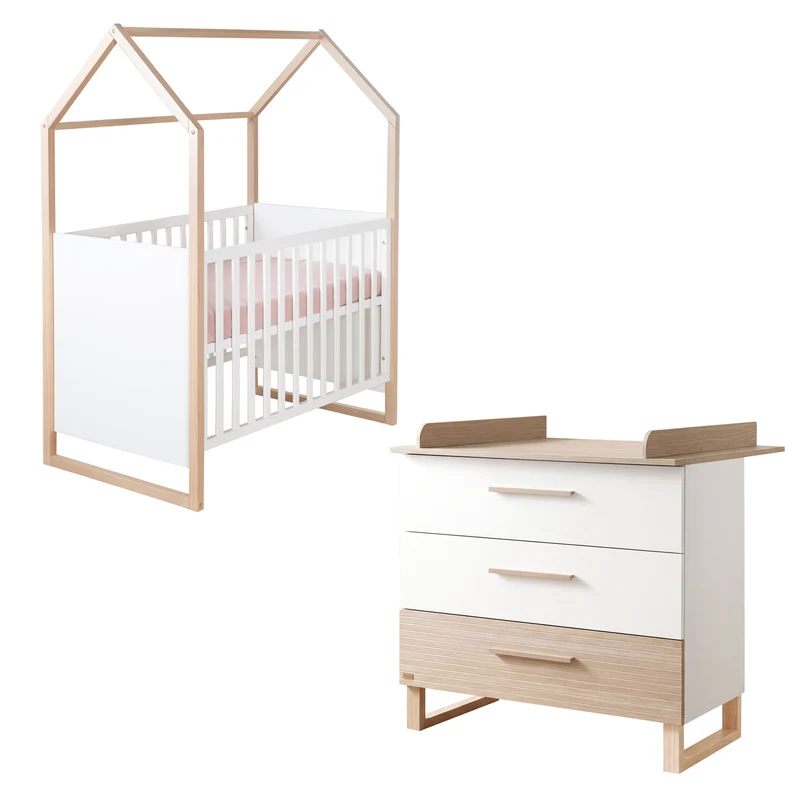 Babymöbelset 'Noah' 2-teilig mit Hausbett in 60x120 cm - Weiß / Tristan Eiche