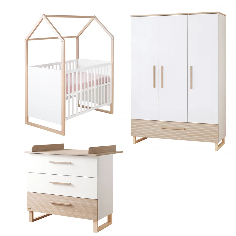 Babyzimmerset 'Noah' 3-teilig mit Hausbett in 60x120 cm - Weiß / Tristan Eiche