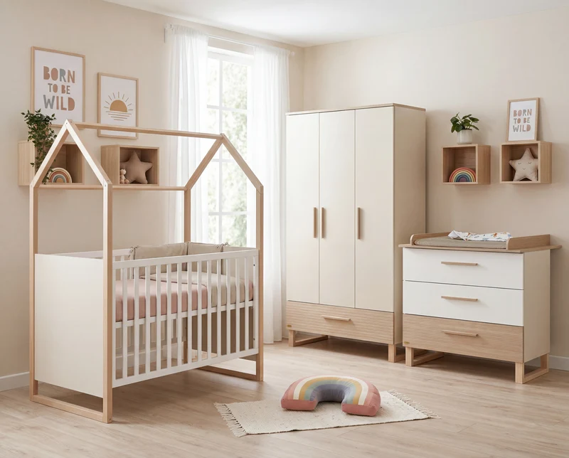 Babyzimmerset 'Noah' 3-teilig mit Hausbett in 60x120 cm - Weiß / Tristan Eiche