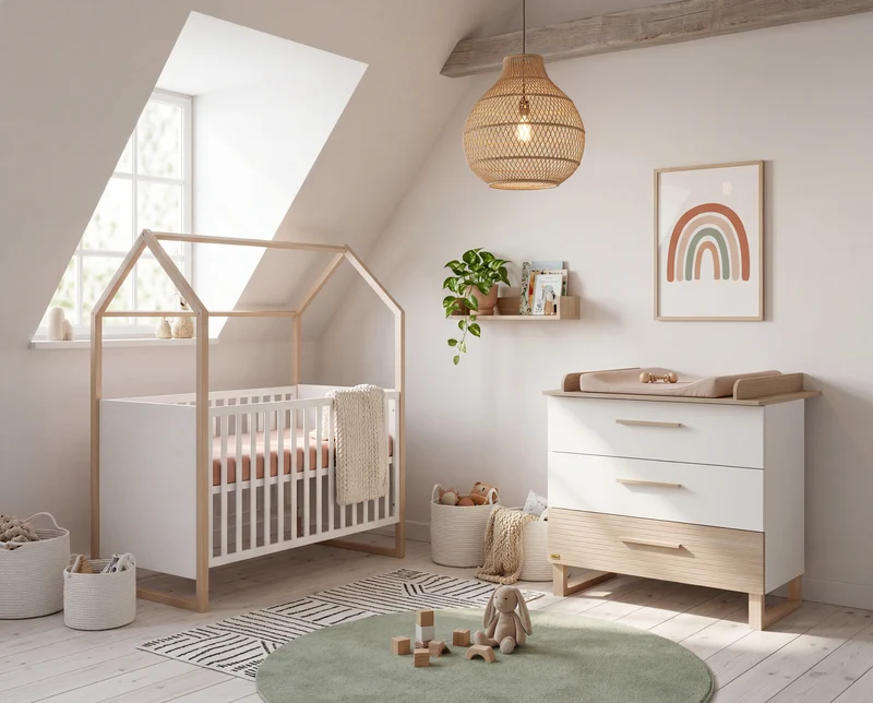 Babyzimmerset 'Noah' 3-teilig mit Hausbett in 60x120 cm - Weiß / Tristan Eiche