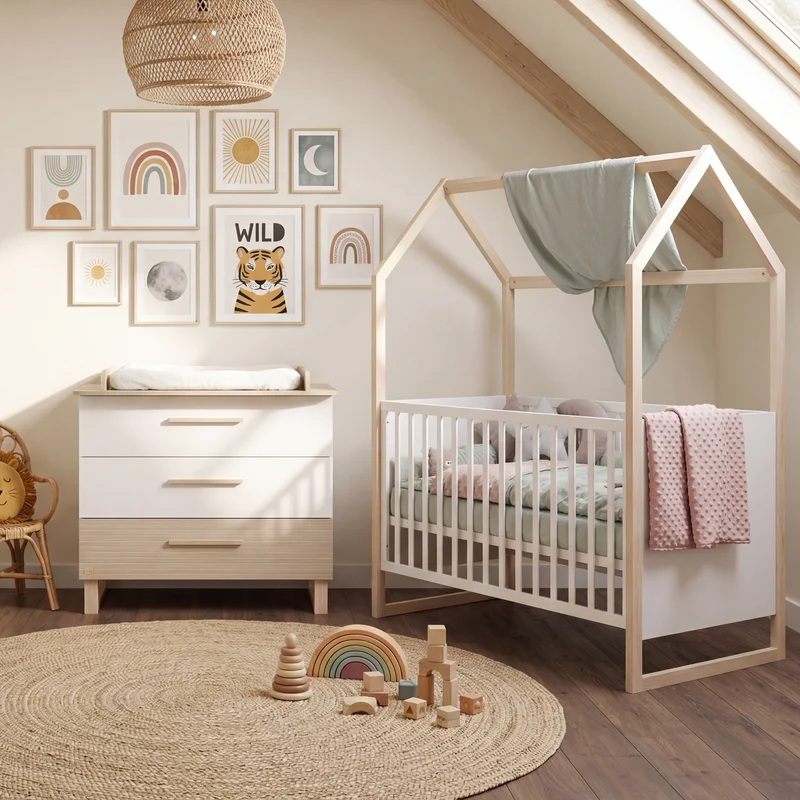 Möbelset 'Noah' 2-teilig mit Hausbett in 70x140 cm - Weiß / Tristan Eiche