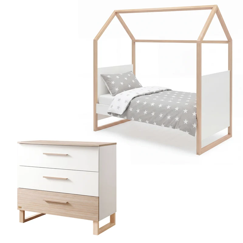 Möbelset 'Noah' 2-teilig mit Hausbett in 70x140 cm - Weiß / Tristan Eiche