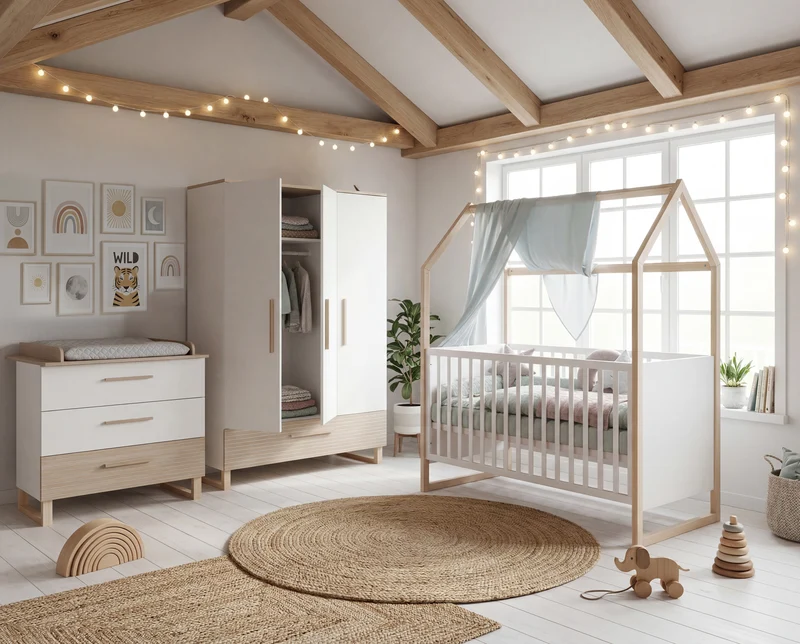 Kinderzimmerset 'Noah' 3-teilig mit Hausbett in 70x140 cm - Weiß / Tristan Eiche
