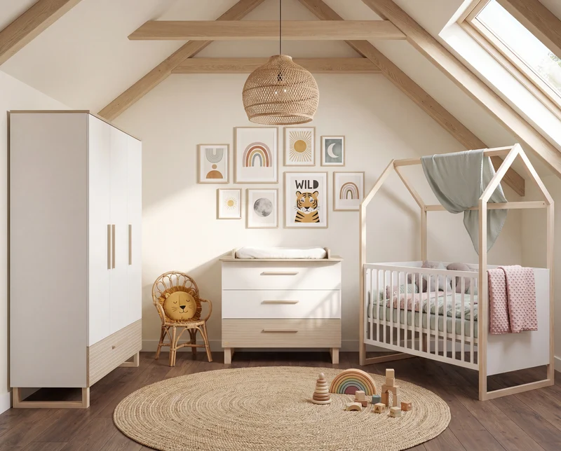 Kinderzimmerset 'Noah' 3-teilig mit Hausbett in 70x140 cm - Weiß / Tristan Eiche