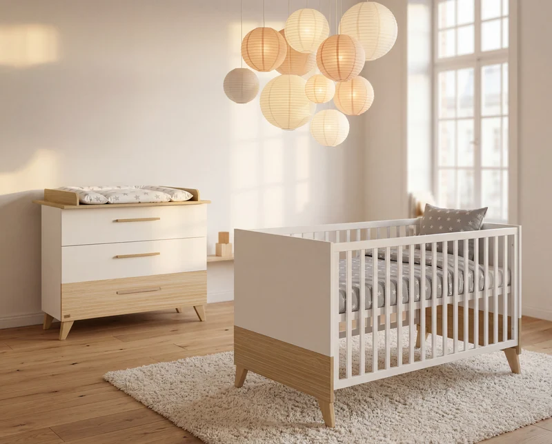 Möbelset 'Theo' 2-teilig - Umbaubares Babybett 70x140 + Wickelkommode - Weiß / Eiche