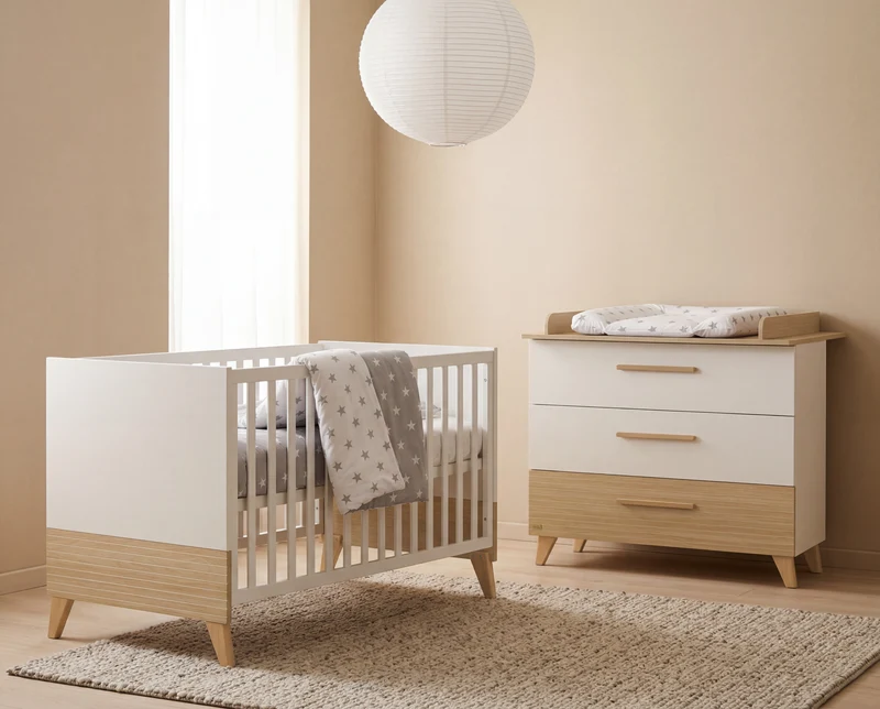 Möbelset 'Theo' 2-teilig - Umbaubares Babybett 70x140 + Wickelkommode - Weiß / Eiche
