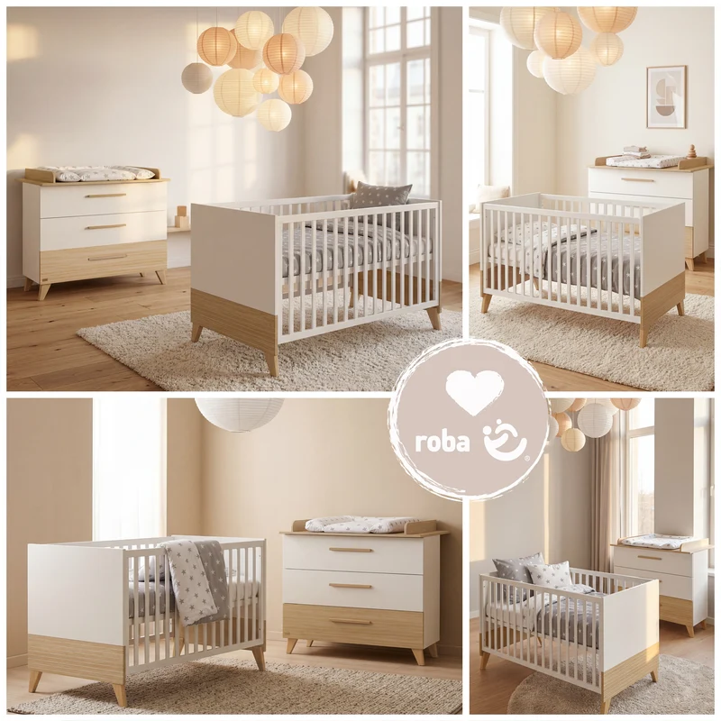 Möbelset 'Theo' 2-teilig - Umbaubares Babybett 70x140 + Wickelkommode - Weiß / Eiche