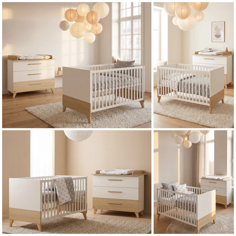 Möbelset 'Theo' 2-teilig - Umbaubares Babybett 70x140 + Wickelkommode - Weiß / Eiche