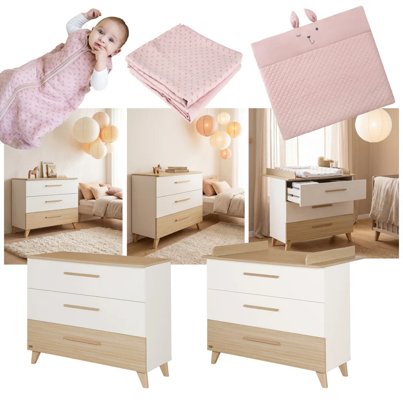 Möbelset 'Theo' 2-teilig - Umbaubares Babybett 70x140 + Wickelkommode - Weiß / Eiche