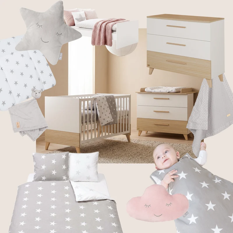 Möbelset 'Theo' 2-teilig - Umbaubares Babybett 70x140 + Wickelkommode - Weiß / Eiche