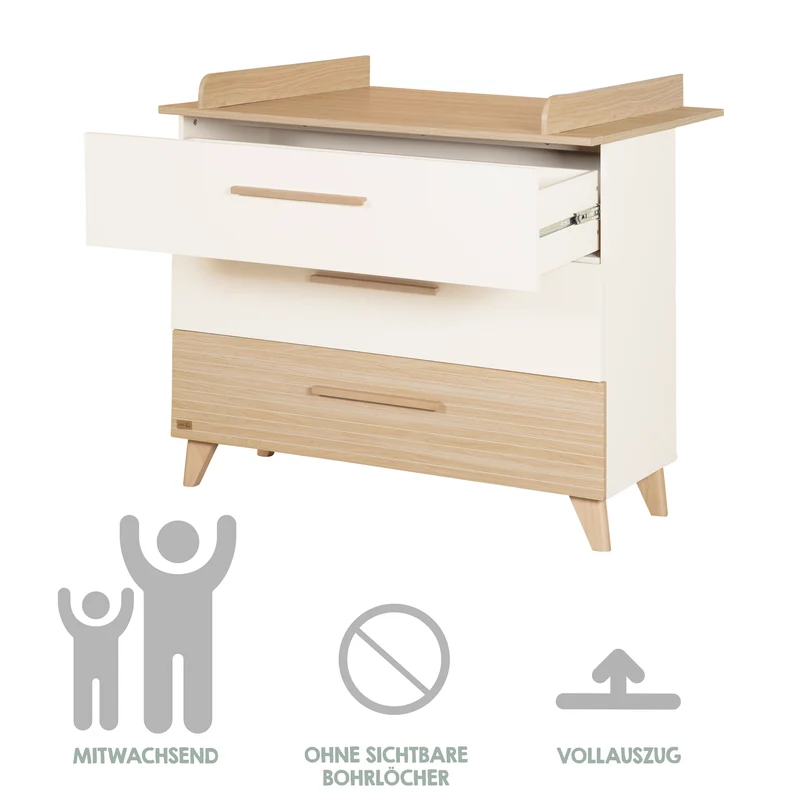 Möbelset 'Theo' 2-teilig - Umbaubares Babybett 70x140 + Wickelkommode - Weiß / Eiche