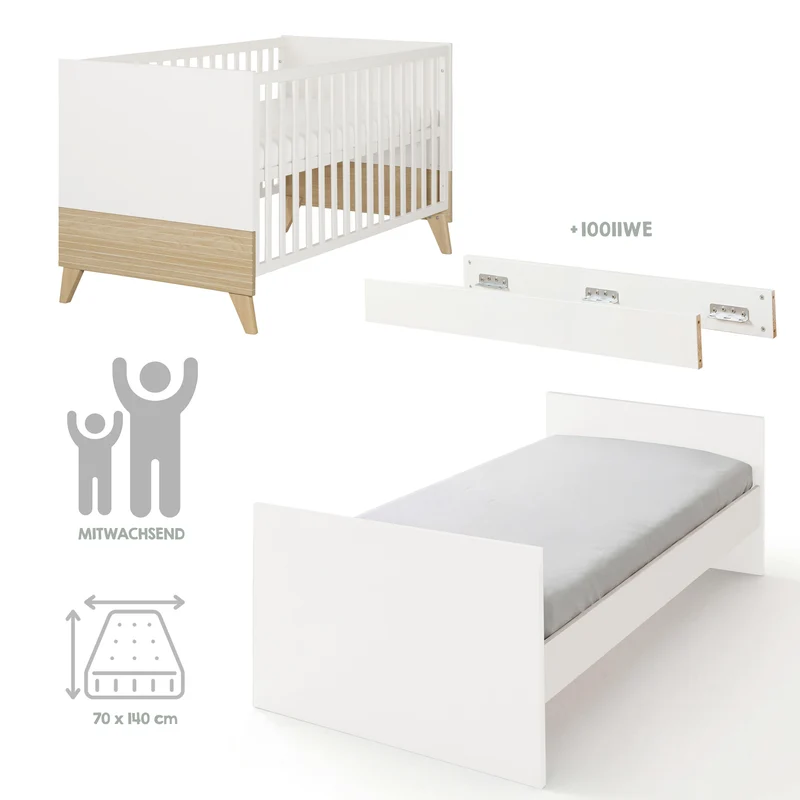 Möbelset 'Theo' 2-teilig - Umbaubares Babybett 70x140 + Wickelkommode - Weiß / Eiche