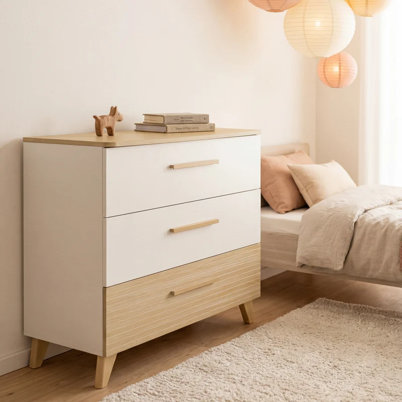 Möbelset 'Theo' 2-teilig - Umbaubares Babybett 70x140 + Wickelkommode - Weiß / Eiche