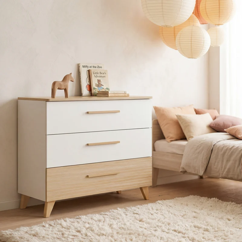 Möbelset 'Theo' 2-teilig - Umbaubares Babybett 70x140 + Wickelkommode - Weiß / Eiche