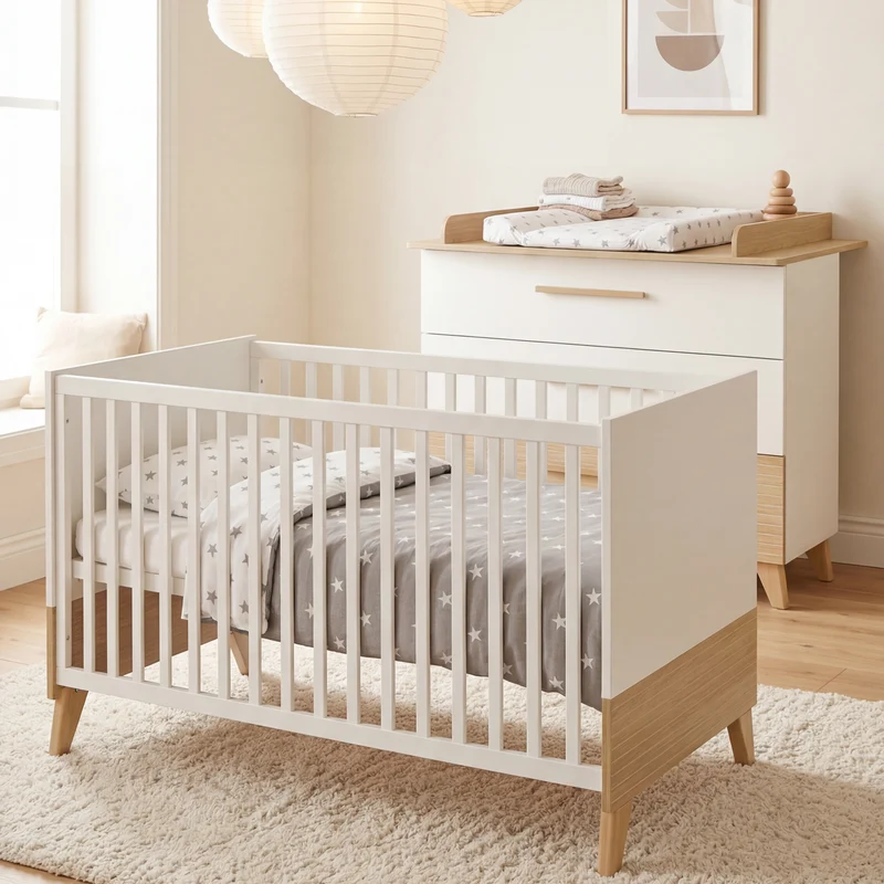 Möbelset 'Theo' 2-teilig - Umbaubares Babybett 70x140 + Wickelkommode - Weiß / Eiche