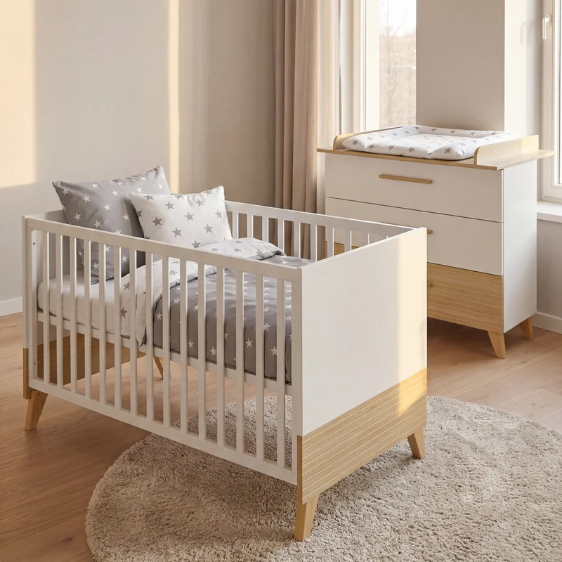 Möbelset 'Theo' 2-teilig - Umbaubares Babybett 70x140 + Wickelkommode - Weiß / Eiche