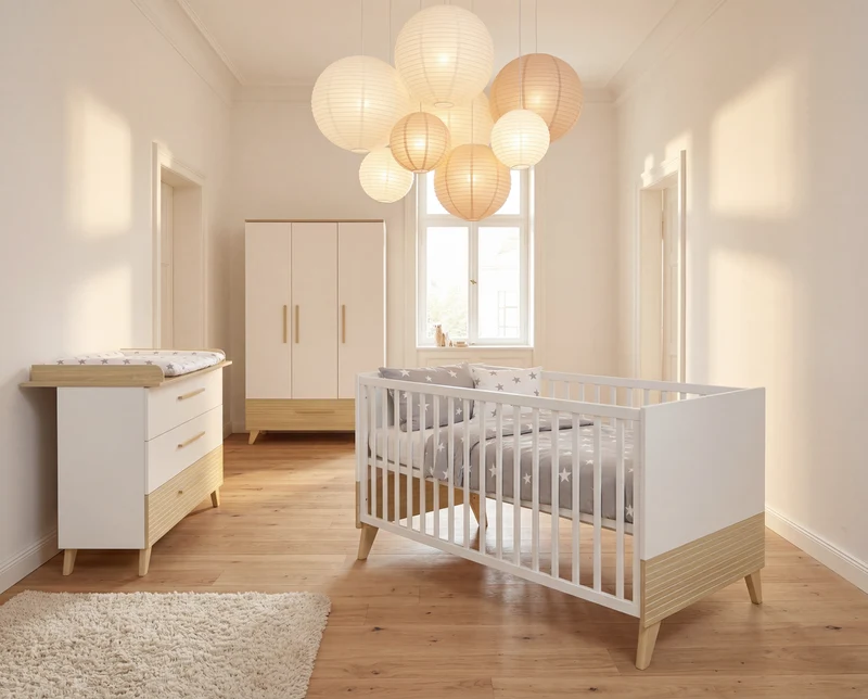 Babyzimmerset 'Theo' 3-teilig - Bett 70x140 + Wickelkommode + Kleiderschrank - Weiß / Eiche
