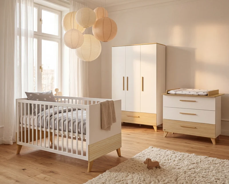 Babyzimmerset 'Theo' 3-teilig - Bett 70x140 + Wickelkommode + Kleiderschrank - Weiß / Eiche