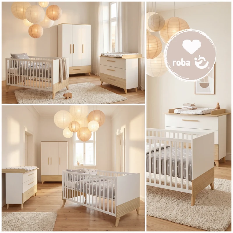 Babyzimmerset 'Theo' 3-teilig - Bett 70x140 + Wickelkommode + Kleiderschrank - Weiß / Eiche