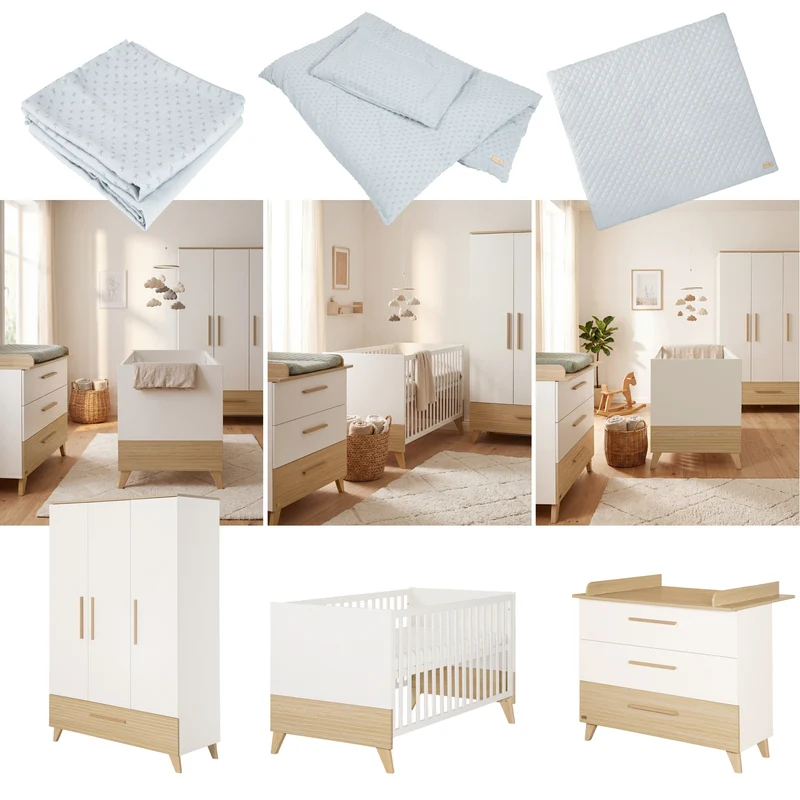 Babyzimmerset 'Theo' 3-teilig - Bett 70x140 + Wickelkommode + Kleiderschrank - Weiß / Eiche