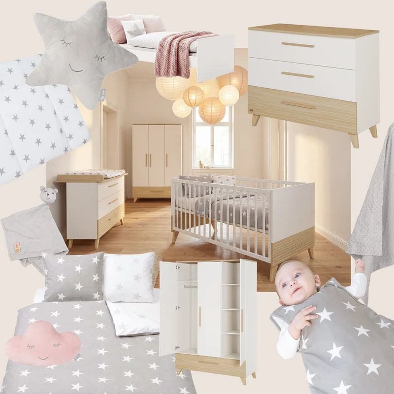 Babyzimmerset 'Theo' 3-teilig - Bett 70x140 + Wickelkommode + Kleiderschrank - Weiß / Eiche