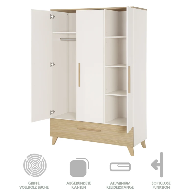 Babyzimmerset 'Theo' 3-teilig - Bett 70x140 + Wickelkommode + Kleiderschrank - Weiß / Eiche