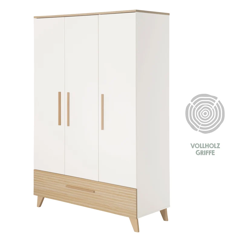 Babyzimmerset 'Theo' 3-teilig - Bett 70x140 + Wickelkommode + Kleiderschrank - Weiß / Eiche