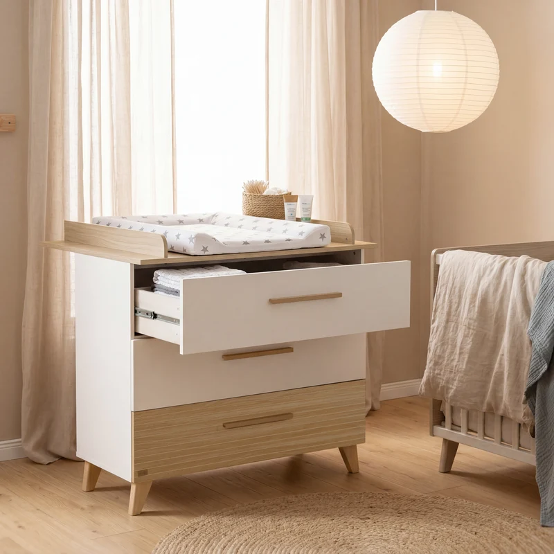 Babyzimmerset 'Theo' 3-teilig - Bett 70x140 + Wickelkommode + Kleiderschrank - Weiß / Eiche