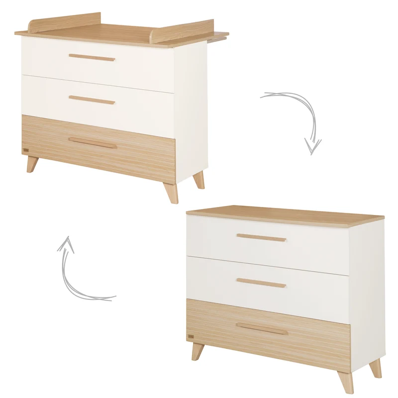 Babyzimmerset 'Theo' 3-teilig - Bett 70x140 + Wickelkommode + Kleiderschrank - Weiß / Eiche