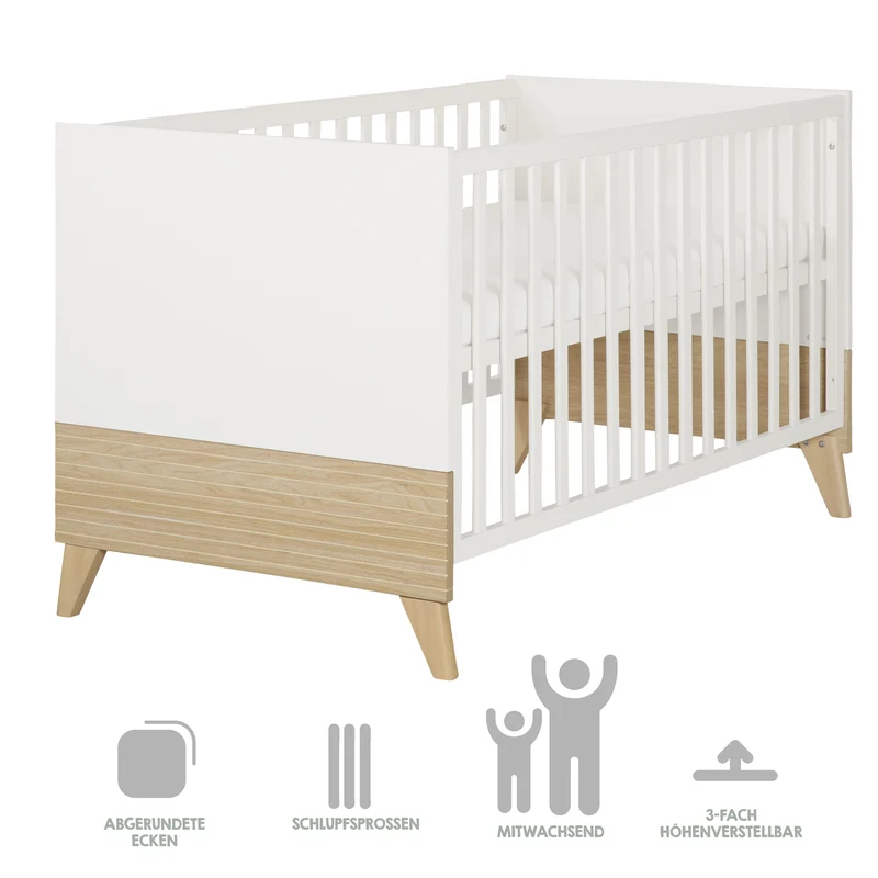 Babyzimmerset 'Theo' 3-teilig - Bett 70x140 + Wickelkommode + Kleiderschrank - Weiß / Eiche
