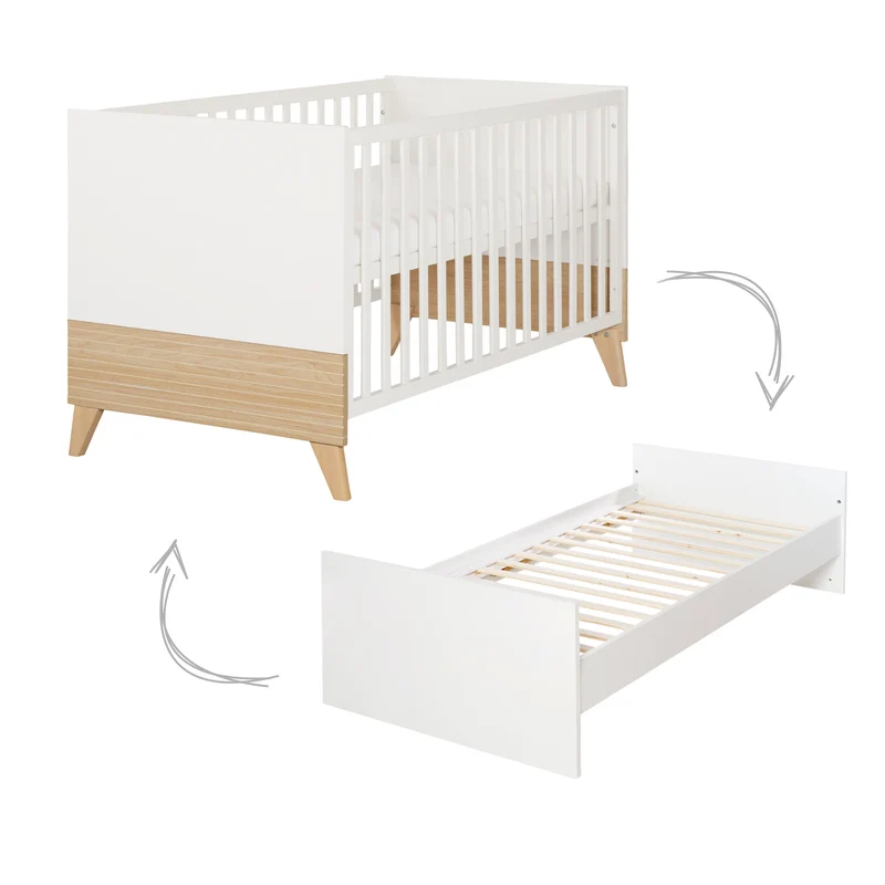 Babyzimmerset 'Theo' 3-teilig - Bett 70x140 + Wickelkommode + Kleiderschrank - Weiß / Eiche