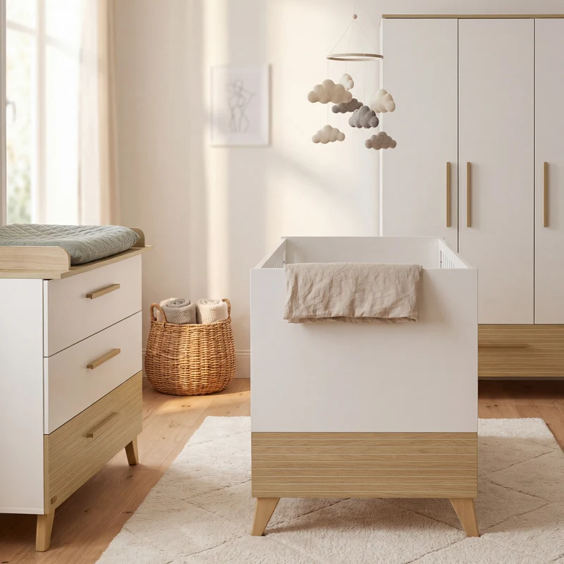 Babyzimmerset 'Theo' 3-teilig - Bett 70x140 + Wickelkommode + Kleiderschrank - Weiß / Eiche