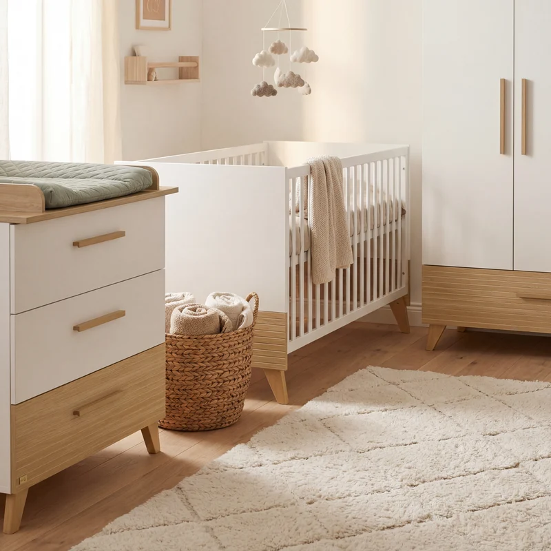 Babyzimmerset 'Theo' 3-teilig - Bett 70x140 + Wickelkommode + Kleiderschrank - Weiß / Eiche