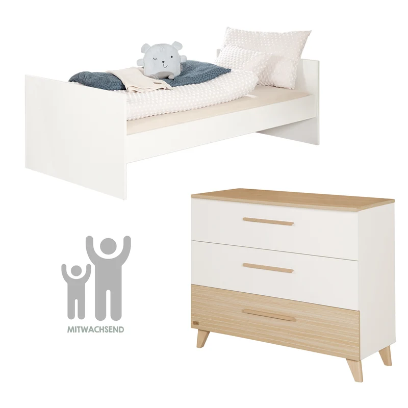 Babyzimmerset 'Theo' 3-teilig - Bett 70x140 + Wickelkommode + Kleiderschrank - Weiß / Eiche
